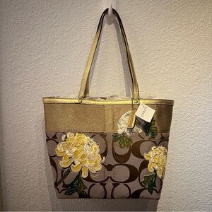 Monogram and floral gold coach tote